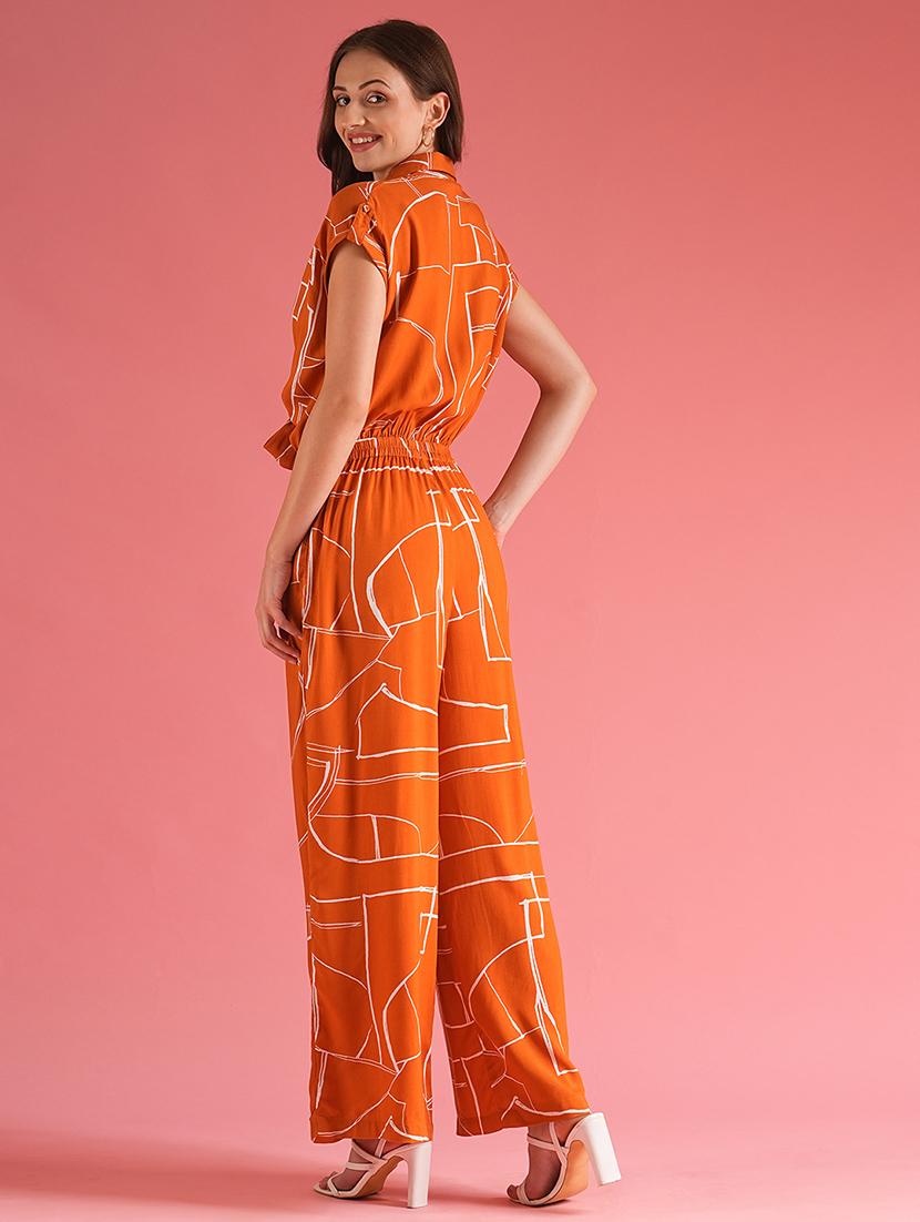 globus women brown abstract print extended sleeves shirt style waist tie-up jumpsuit - 21225181 - Standard Image - 2
