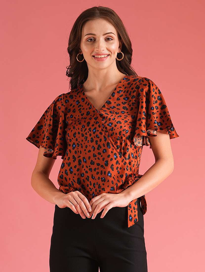 globus women brown animal print waist tie-ups workwear wrap top