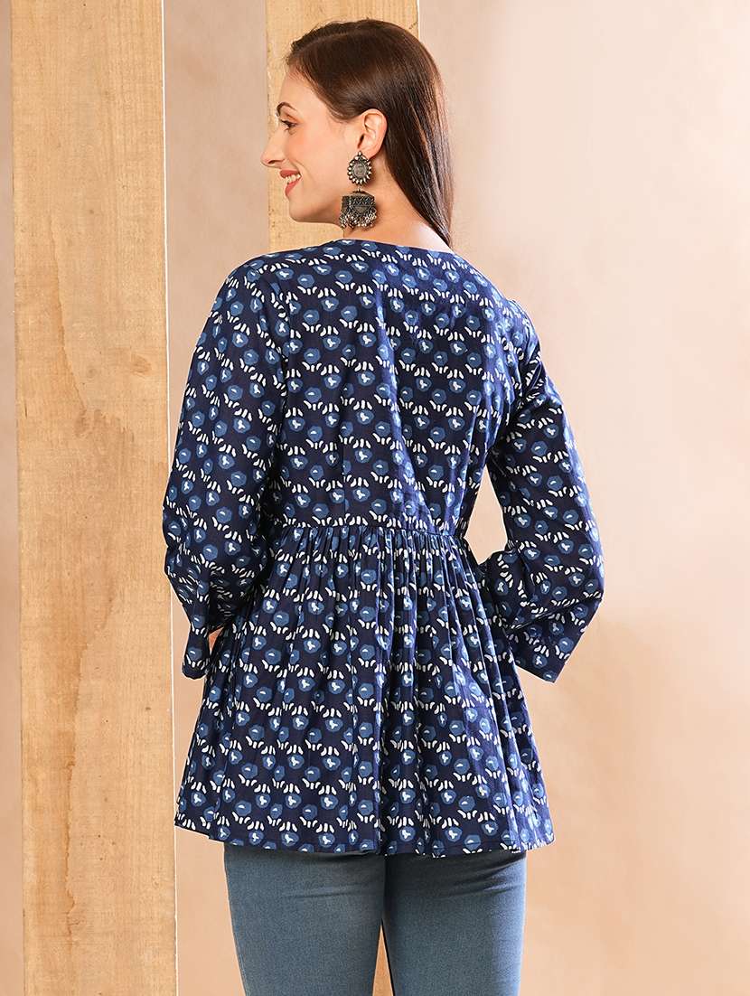 globus women indigo allover printed & gathered a-line alia cut workwear tunic - 21225830 - Standard Image - 2