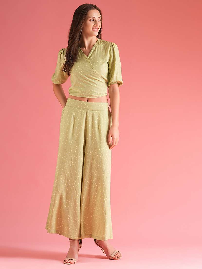 women polka doted top and palazzos co-ord set