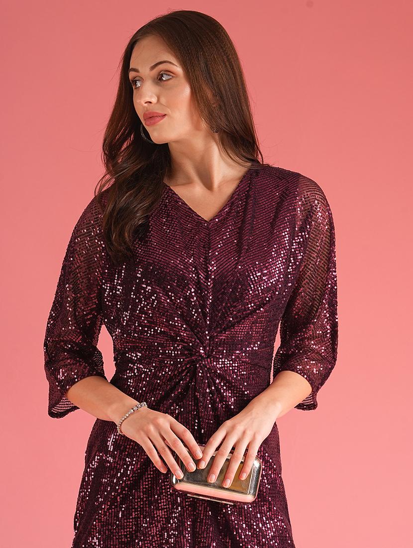 globus women wine gathered & sequinned a-line party dress - 21225848 - Standard Image - 2