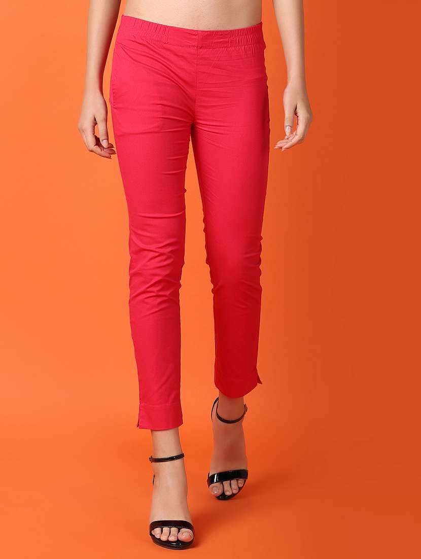 women fuchsia cotton cigarette pants 