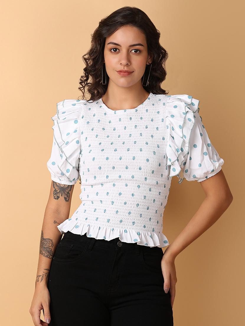 women white polka dots print puff sleeve top - 21226896 -  Zoom Image - 0