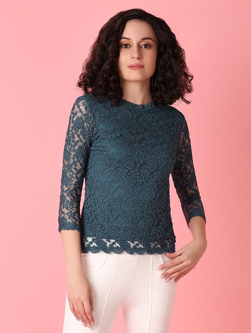 women teal lace detailed round neck top - 21226915 - Zoom Image - 0