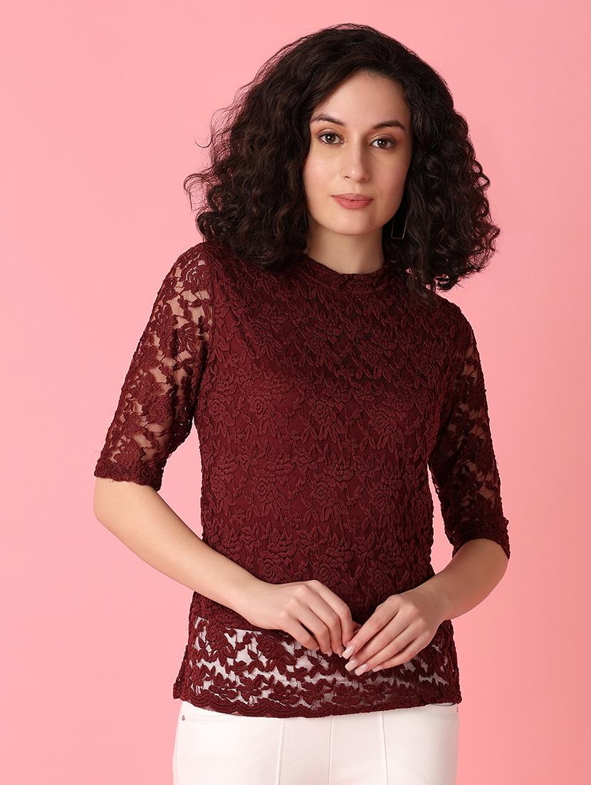women maroon lace detailed round neck top - 21226916 - Standard Image - 2