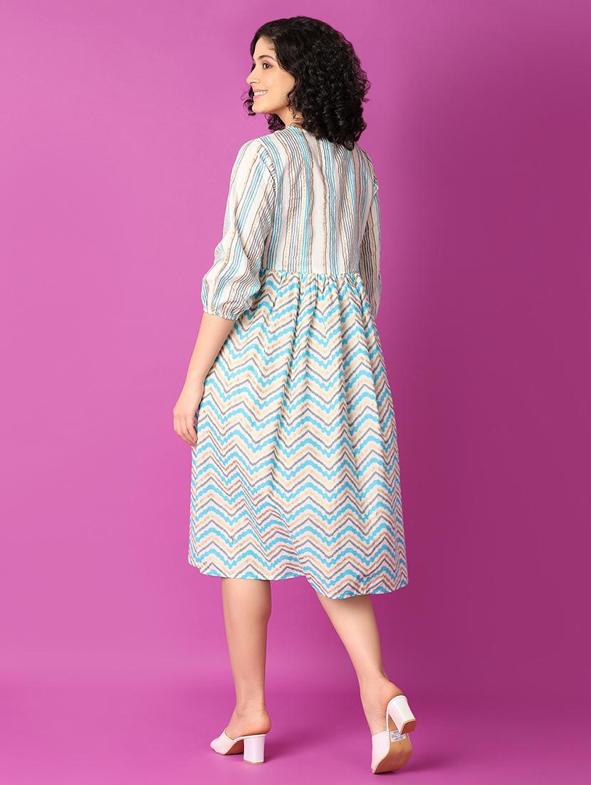 blue printed fit & flare dress - 21226925 - Standard Image - 2
