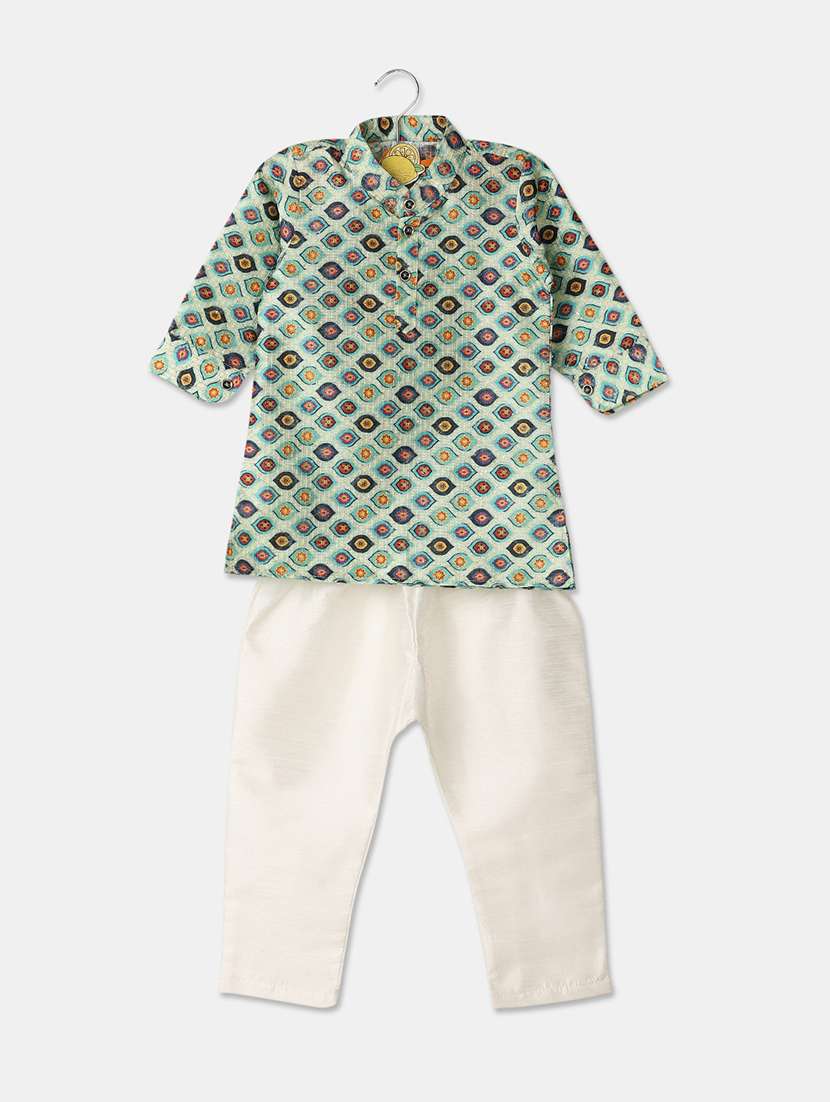 boys mandarin neck printed kurta pyjama set 