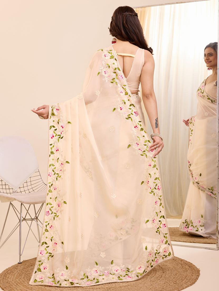 cream organza embroidered saree - 21227188 - Standard Image - 2