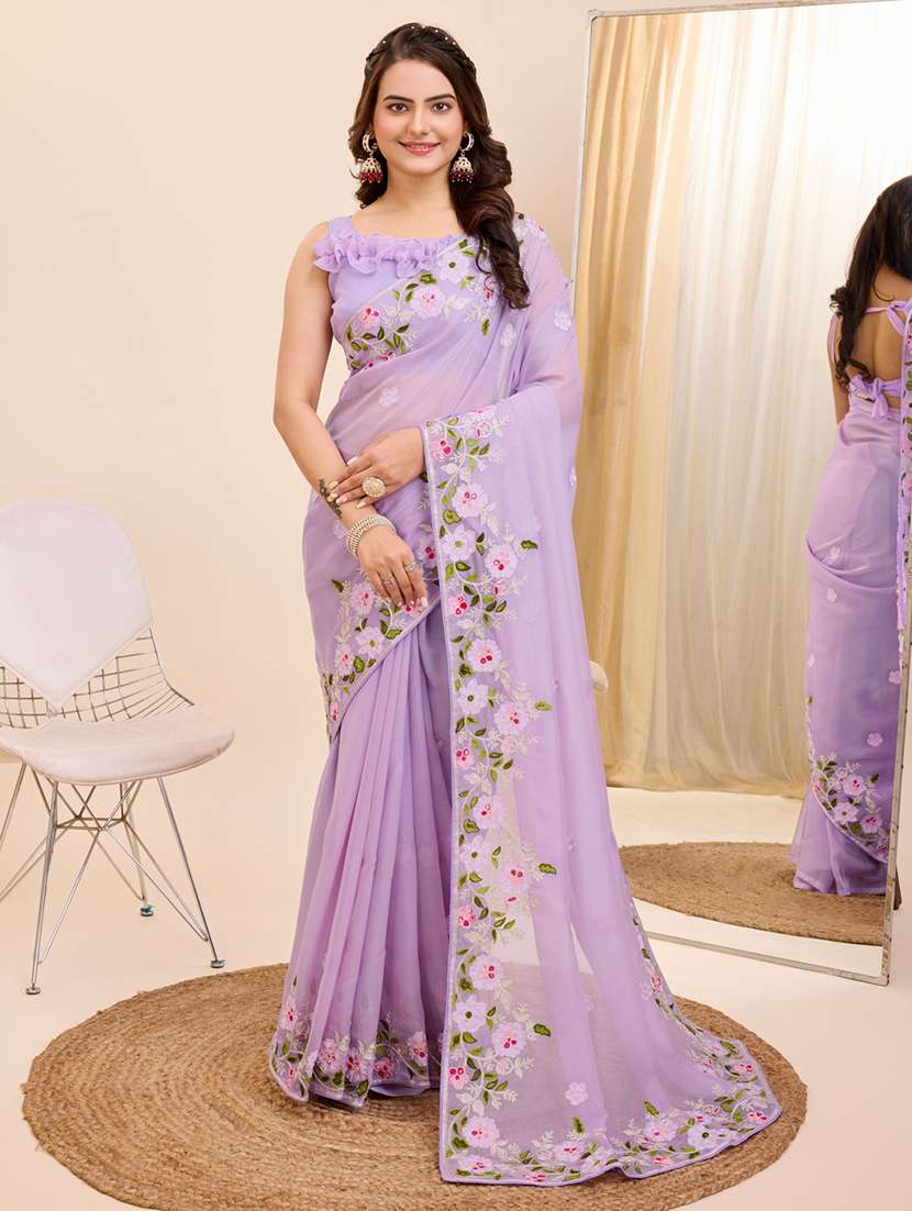 women lavender embroidered saree