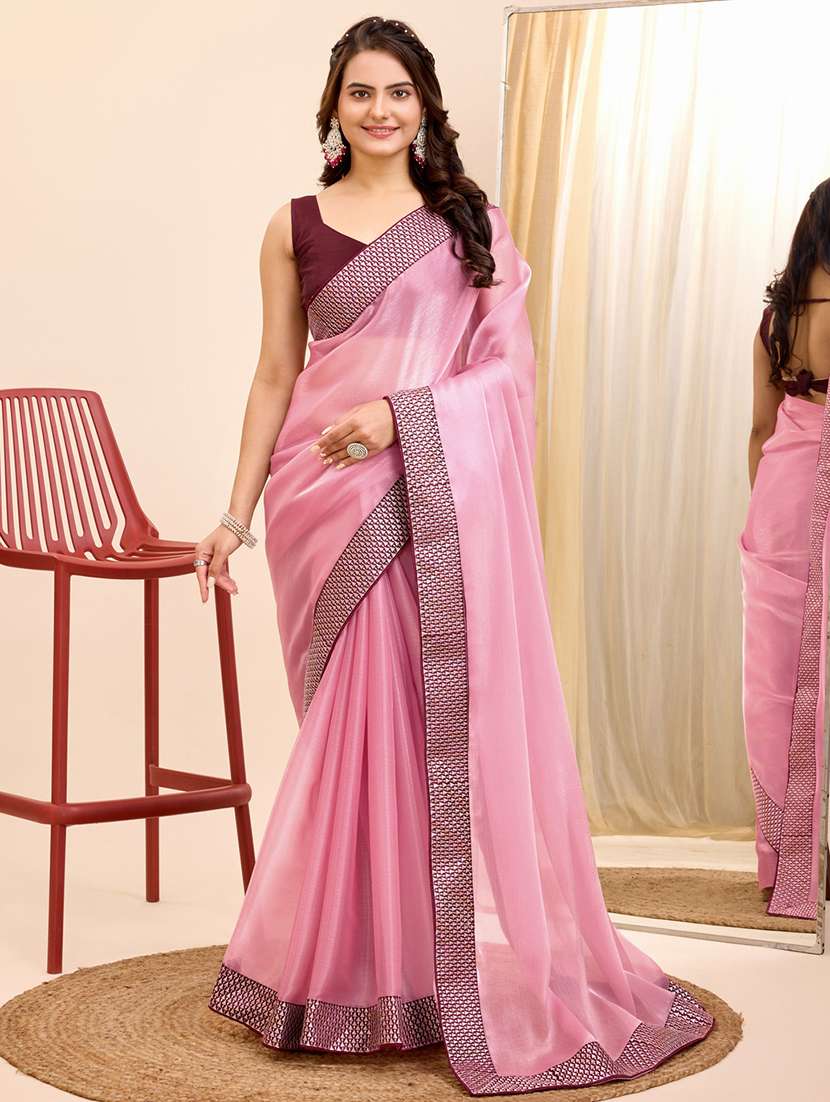 women solid with bordered saree with blouse