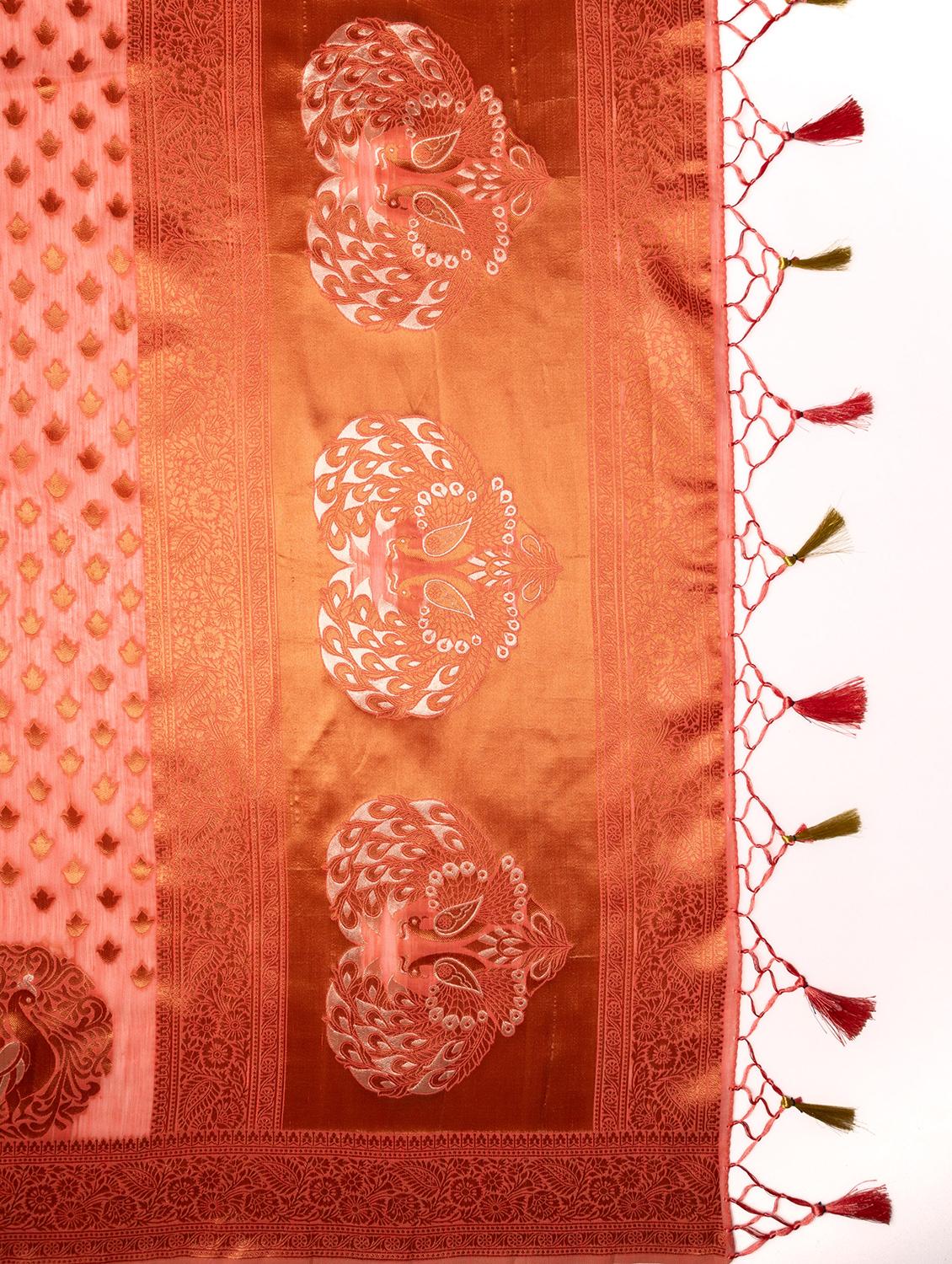 coral banarasi saree with blouse - 21227673 - Standard Image - 2