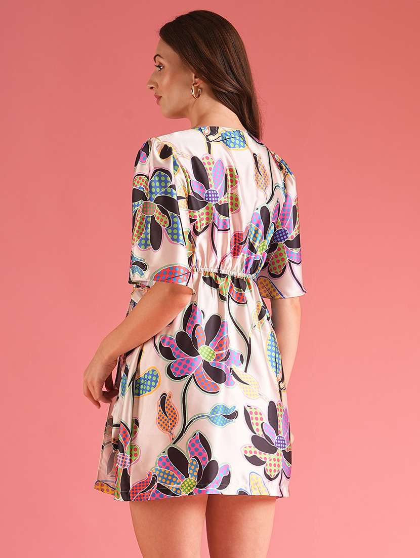 globus women multi white wrap neck floral print a-line mini dress - 21227821 -  Standard Image - 2