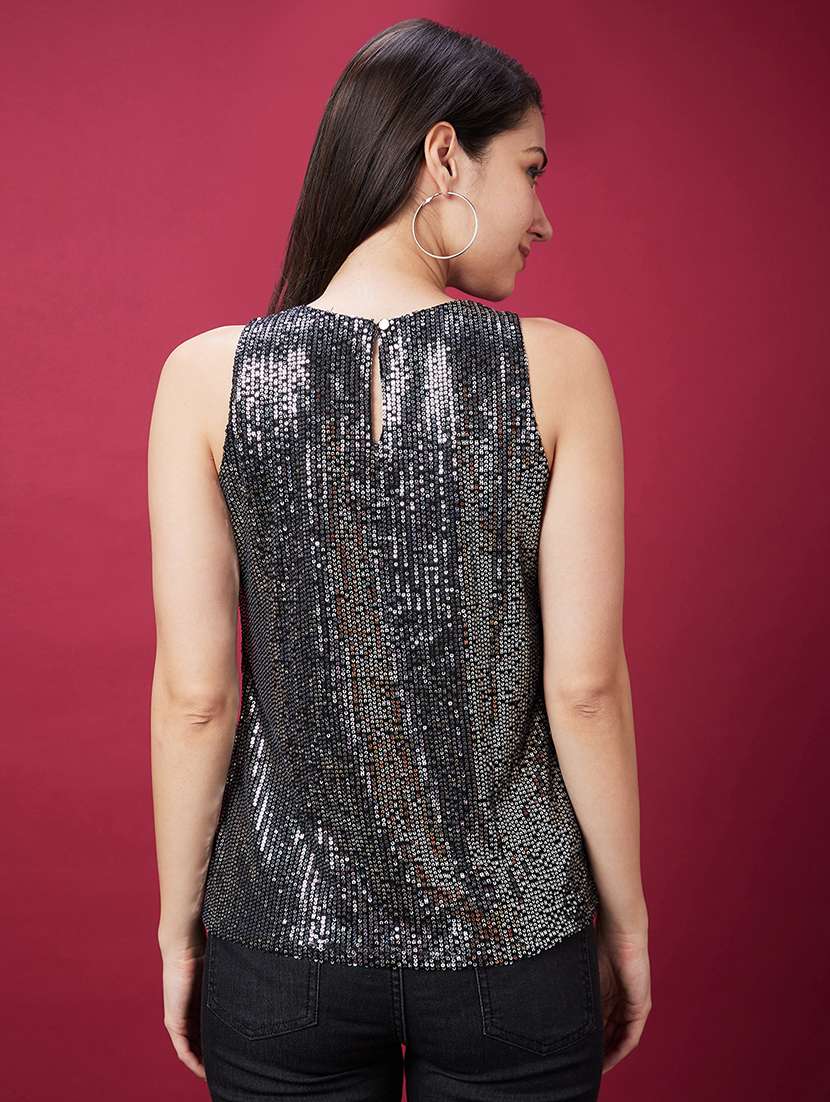 globus women black crew neck sequinned stripes party top - 21229466 -  Standard Image - 2