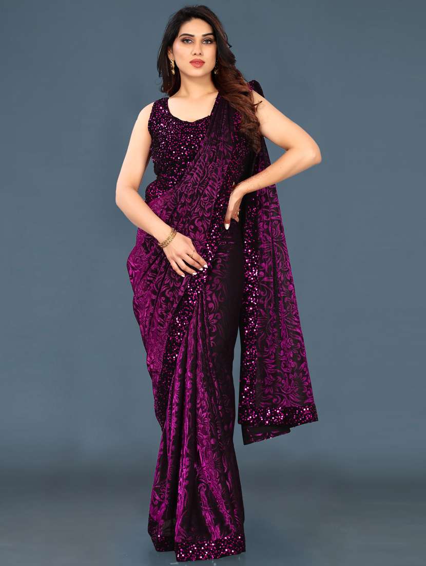 women purple bordered saree with blouse