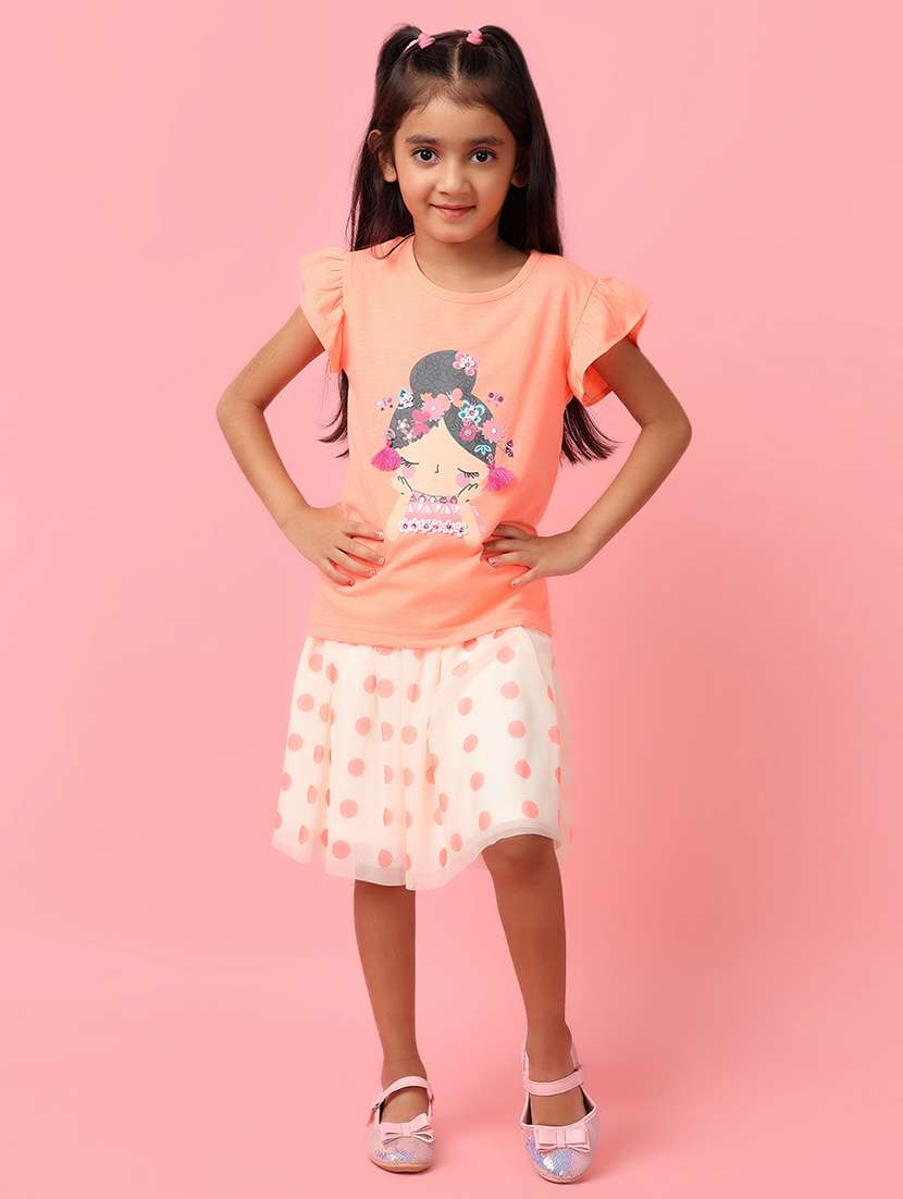 girls orange graphic skirt top set
