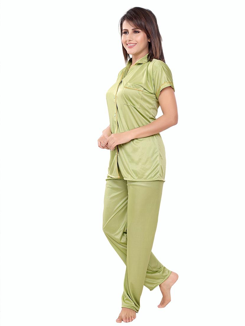 women solid satin pyjama nightwear set - 21231240 - Standard Image - 2