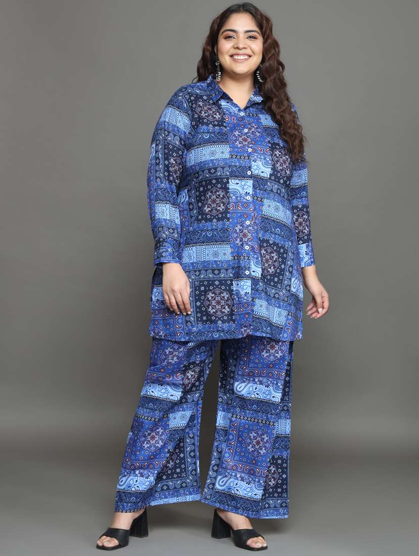 women blue shirt collar co-ord set