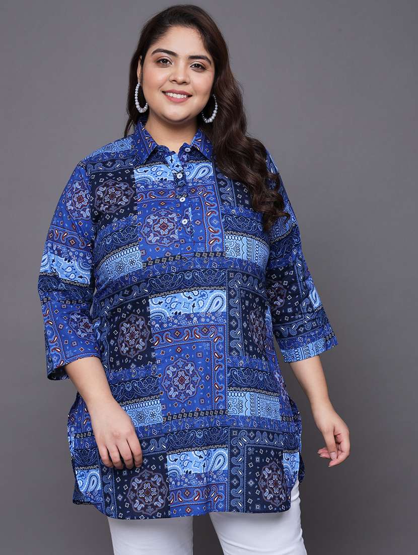 women blue printed straight kurti