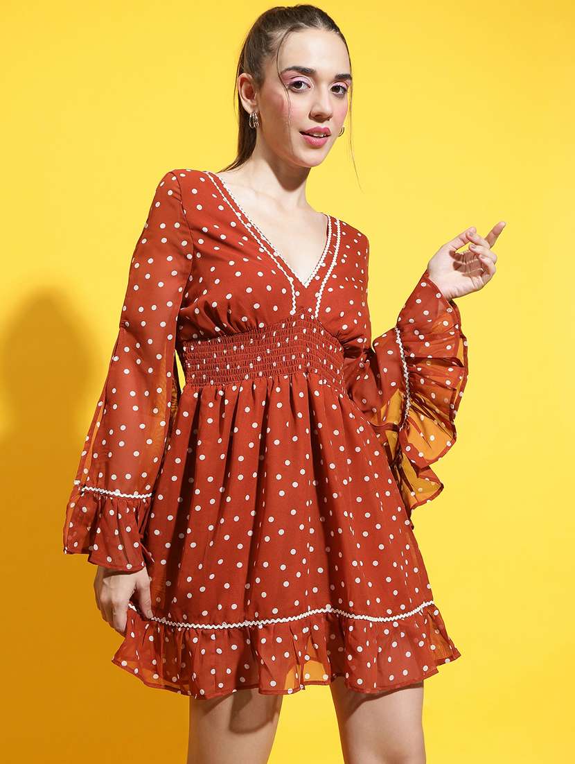 women polka doted bell sleeves dress