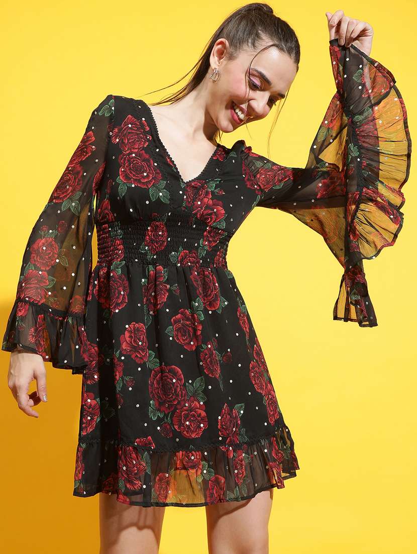 black polyester fit & flare dress