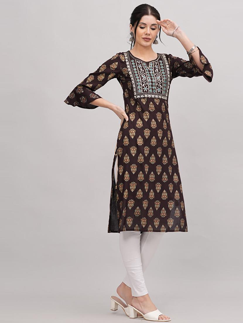 women three quarter sleeve printed straight kurta - 21232025 - Standard Image - 2