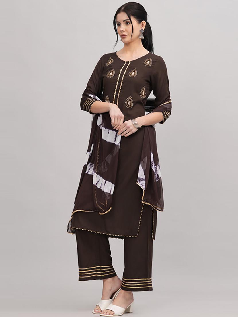 brown embellished kurta palazzo set - 21232129 - Standard Image - 2