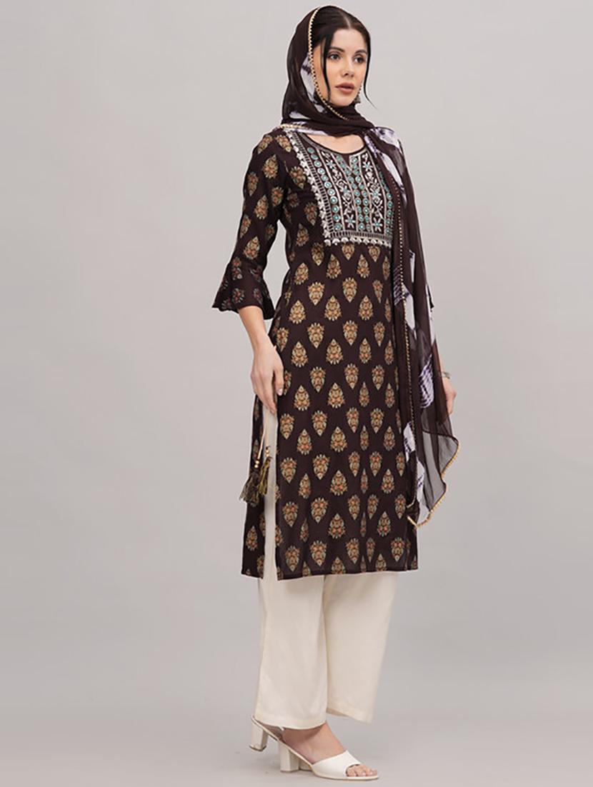 brown printed kurta palazzo set - 21232133 - Standard Image - 2
