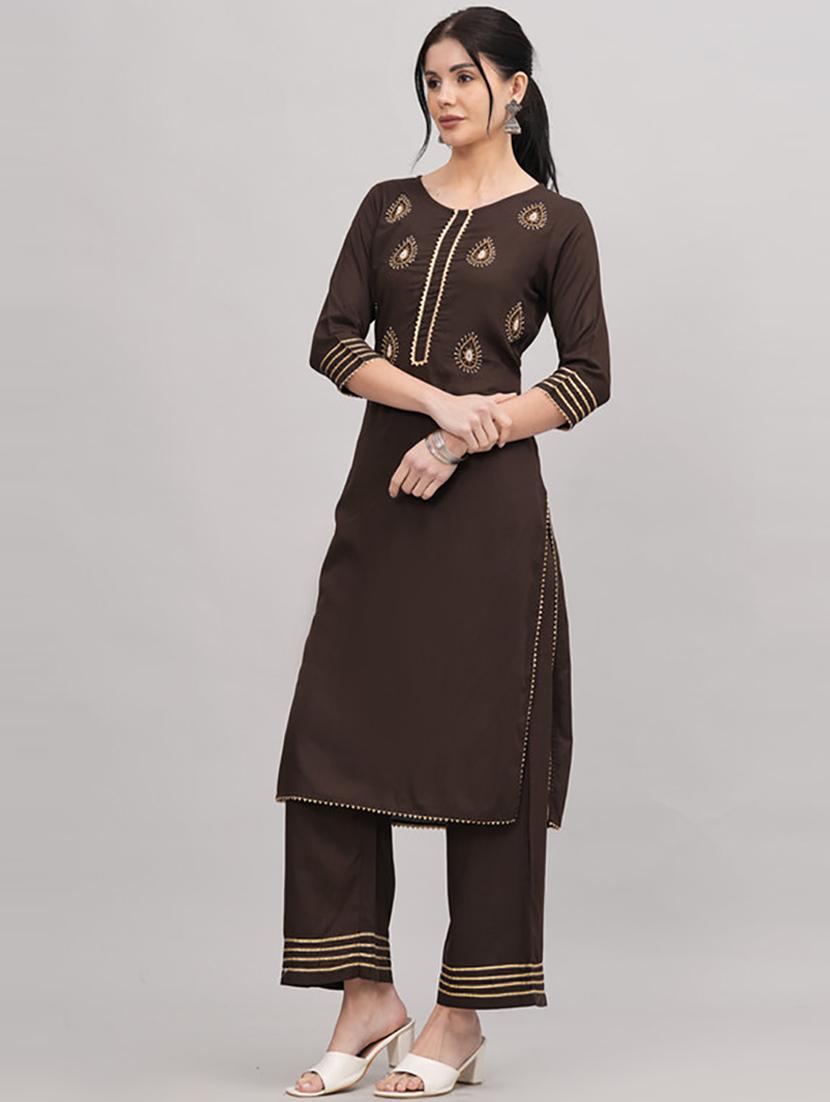 brown embellished kurta palazzo set - 21232149 - Standard Image - 2