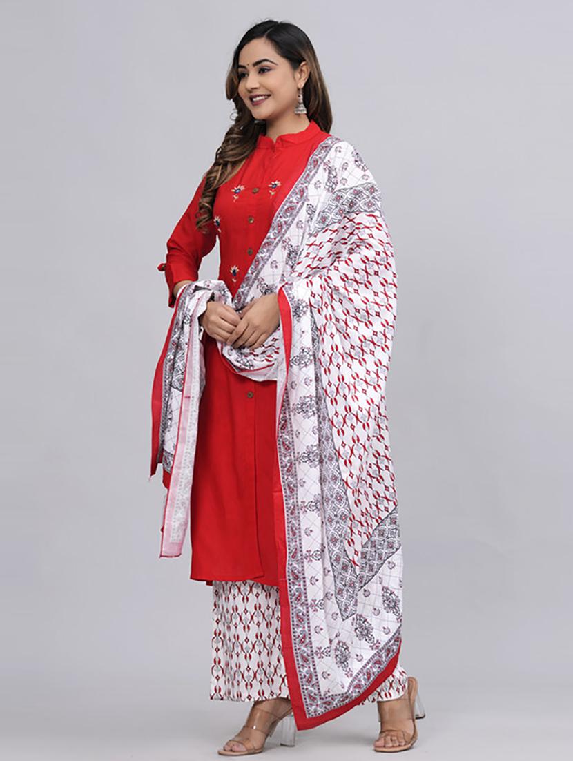 red embellished kurta palazzo set - 21232193 - Standard Image - 2