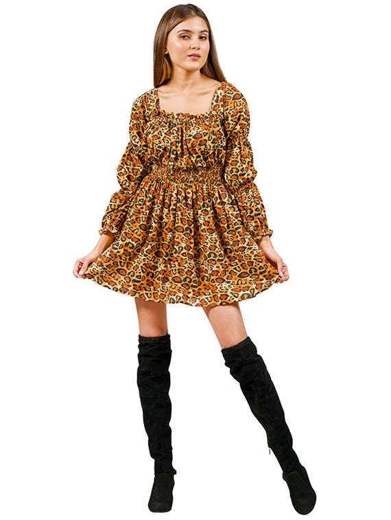 women animal print off shoulder fit & flare dress