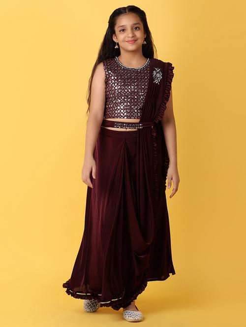 girls maroon sequins & mirror work fusion set - 21233273 - Standard Image - 0