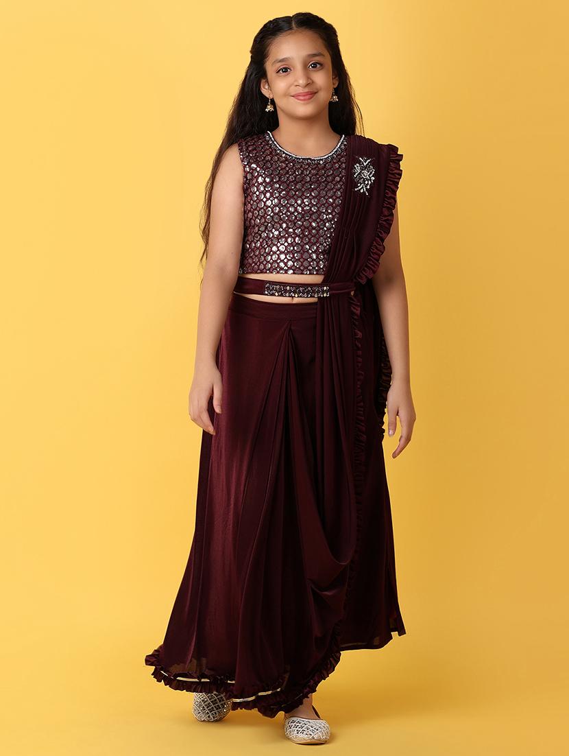 girls maroon sequins & mirror work fusion set - 21233273 - Zoom Image - 0