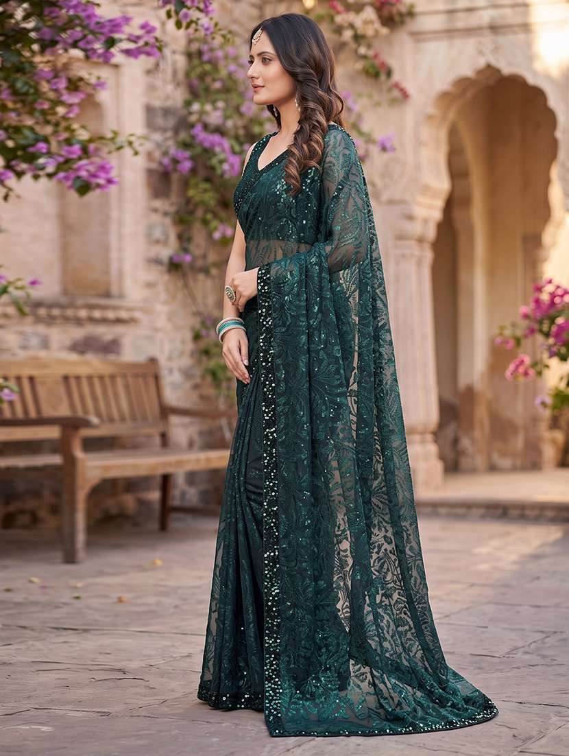 Bottle Green Bordered Saree With Blouse - 21233502 -  Standard Image - 2