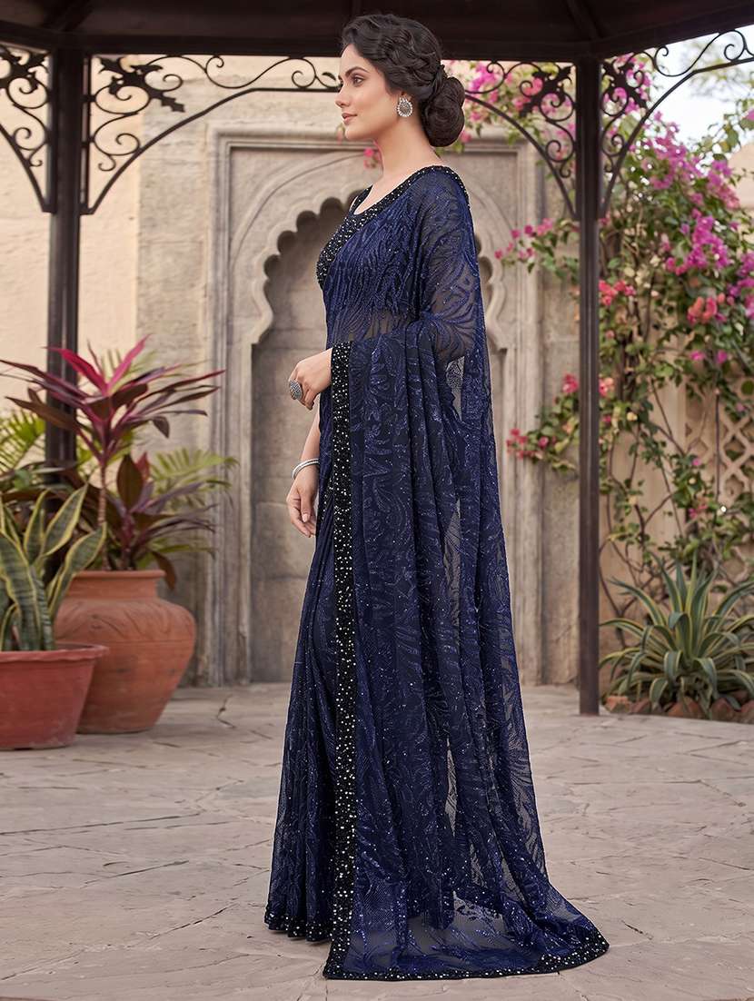 Women Navy Blue Bordered Saree With Blouse - 21233503 -  Standard Image - 2