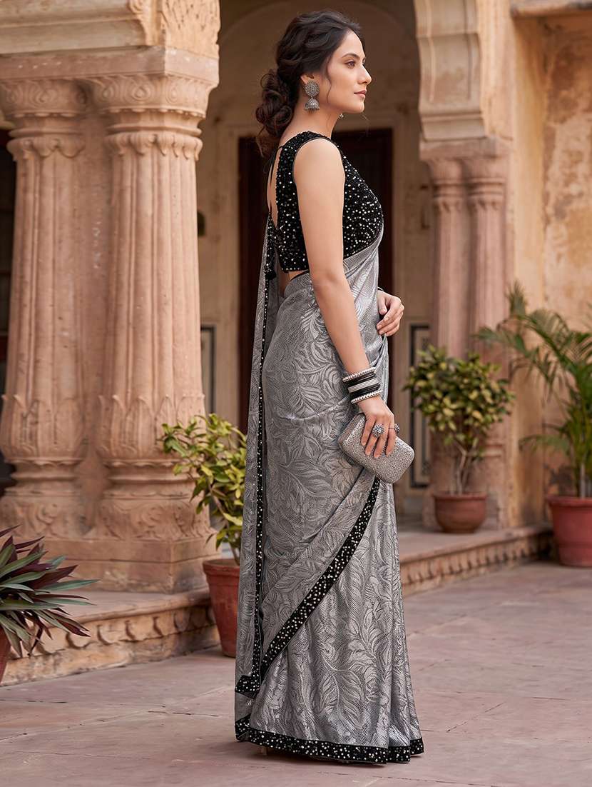 Women Grey Bordered Saree With Blouse - 21233504 -  Standard Image - 2