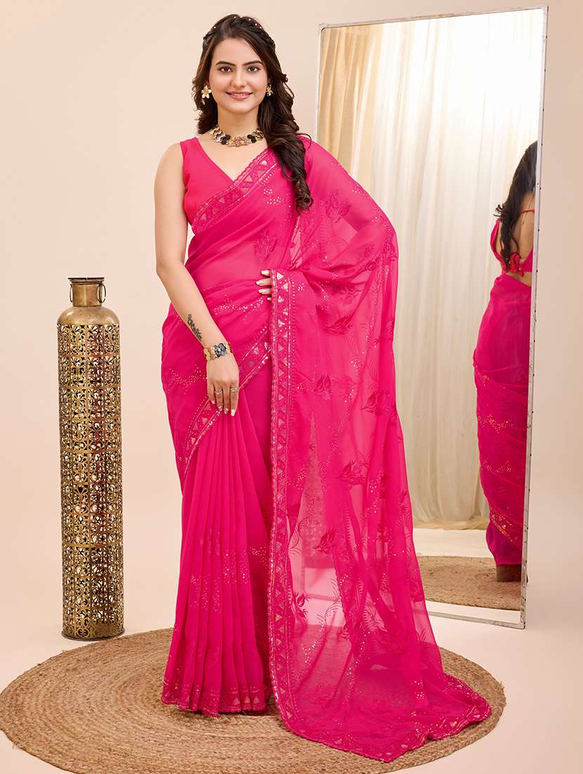 women pink embroidered saree with blouse
