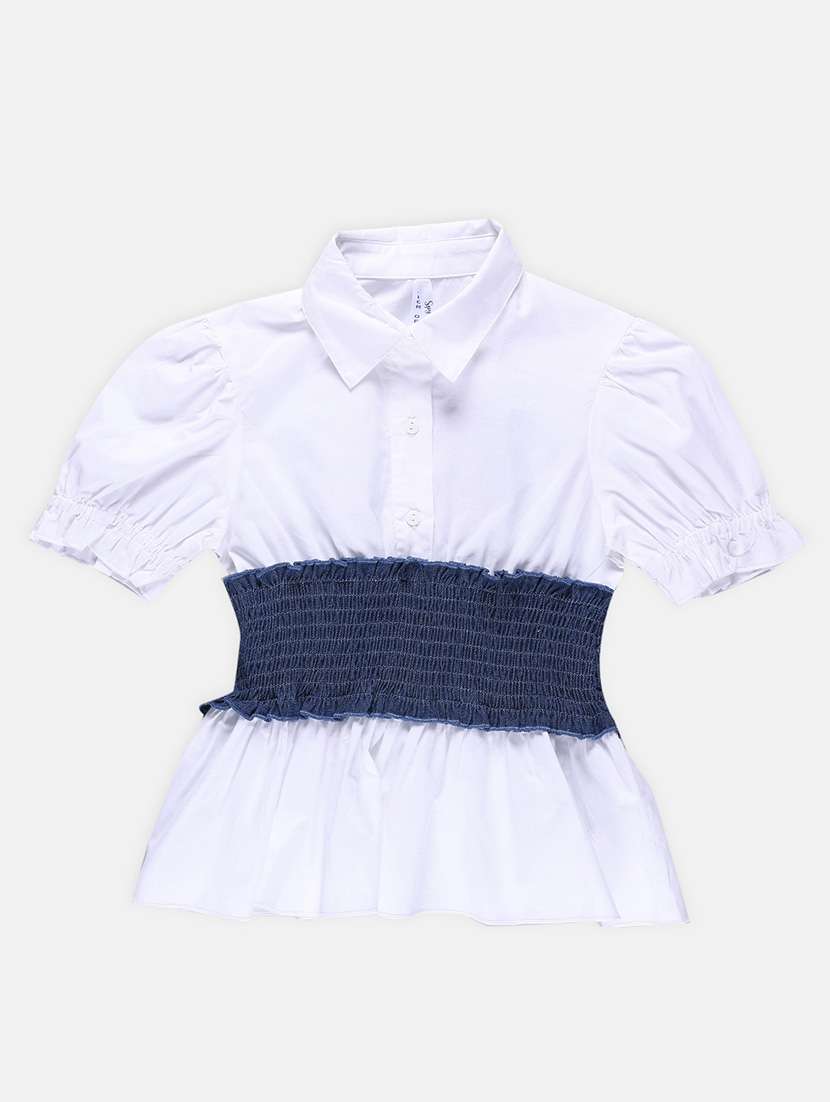 women solid collared puff sleeves top