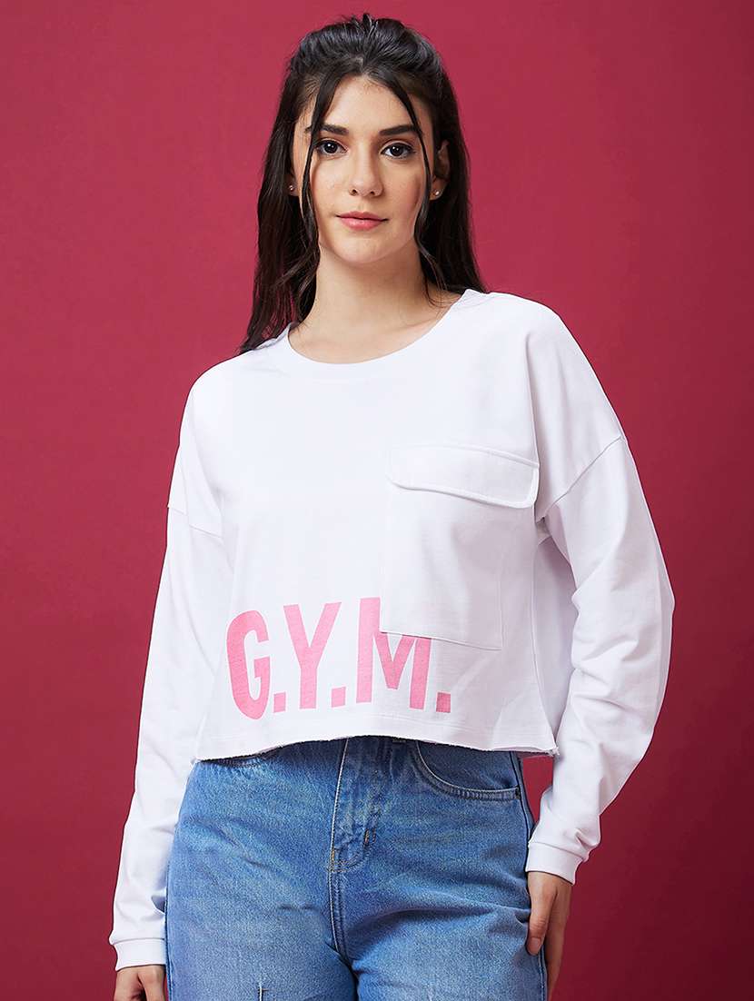 white cotton placement print sweatshirt