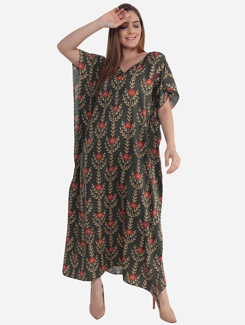 green cotton blend maxi kaftan - 21237273 - Zoom Image - 0