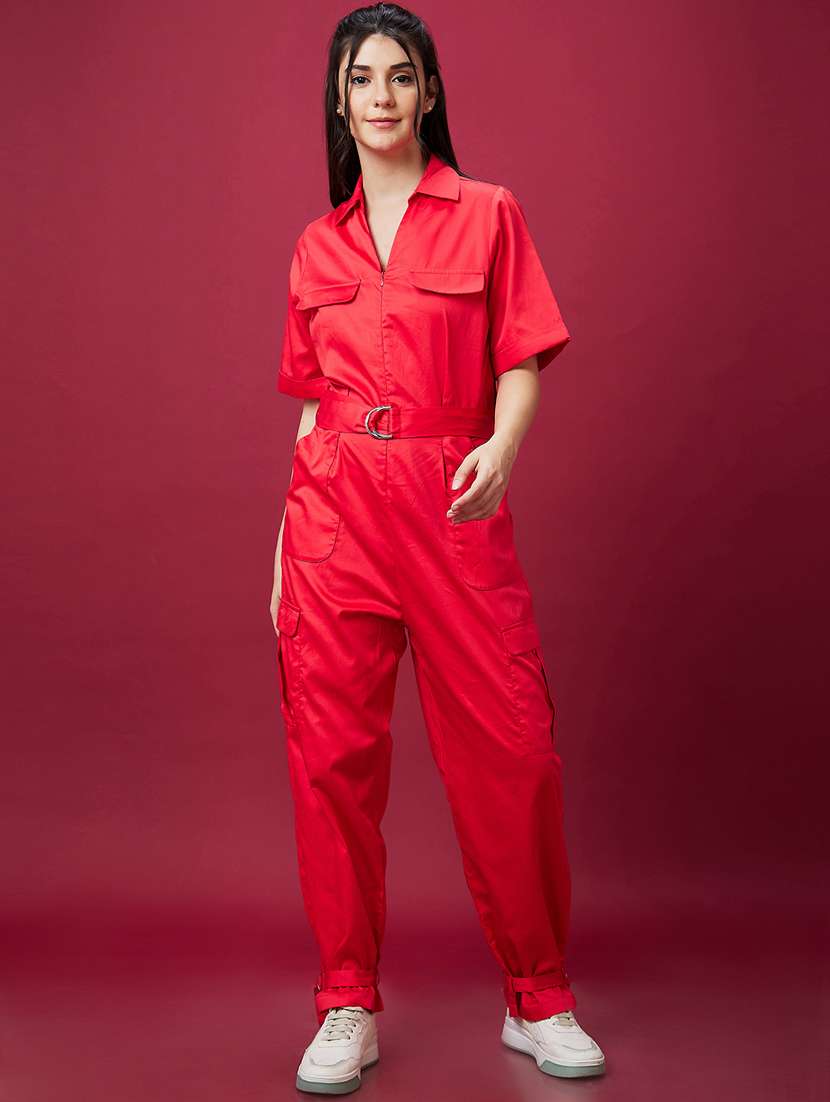 red solid cotton full leg jumpsuit