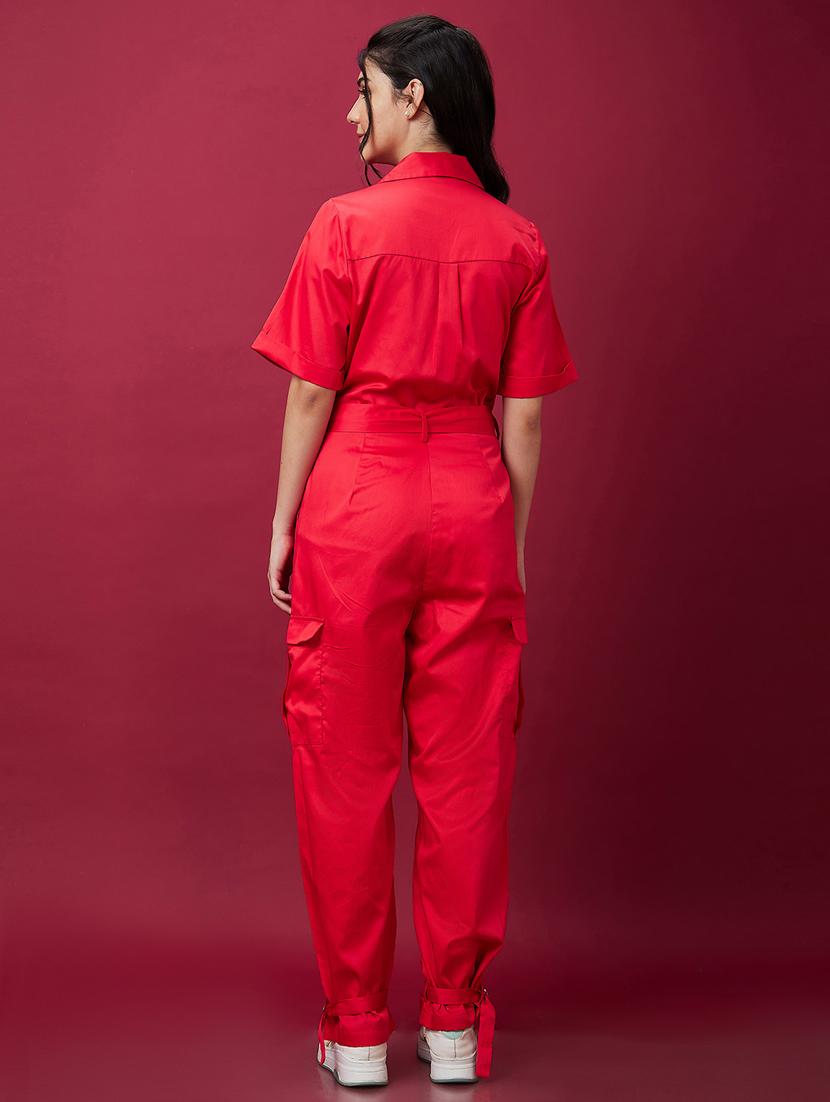 red solid cotton full leg jumpsuit - 21237737 - Standard Image - 2