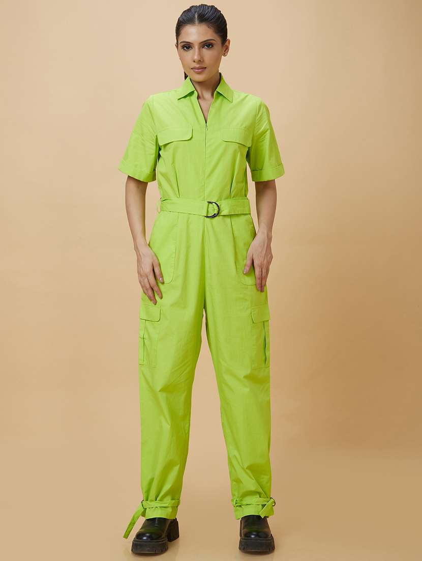 green solid cotton full leg jumpsuit