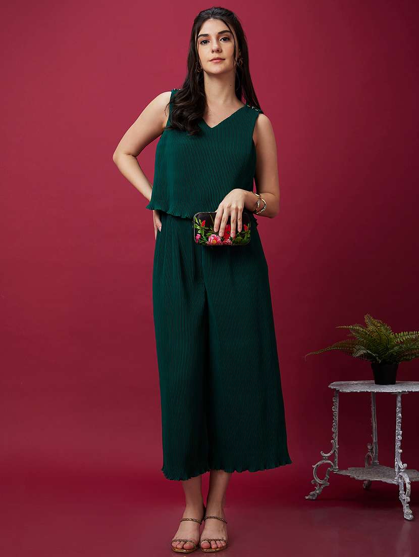 globus women green v-neck accordion pleats party jumpsuit - 21237743 - Zoom Image - 0