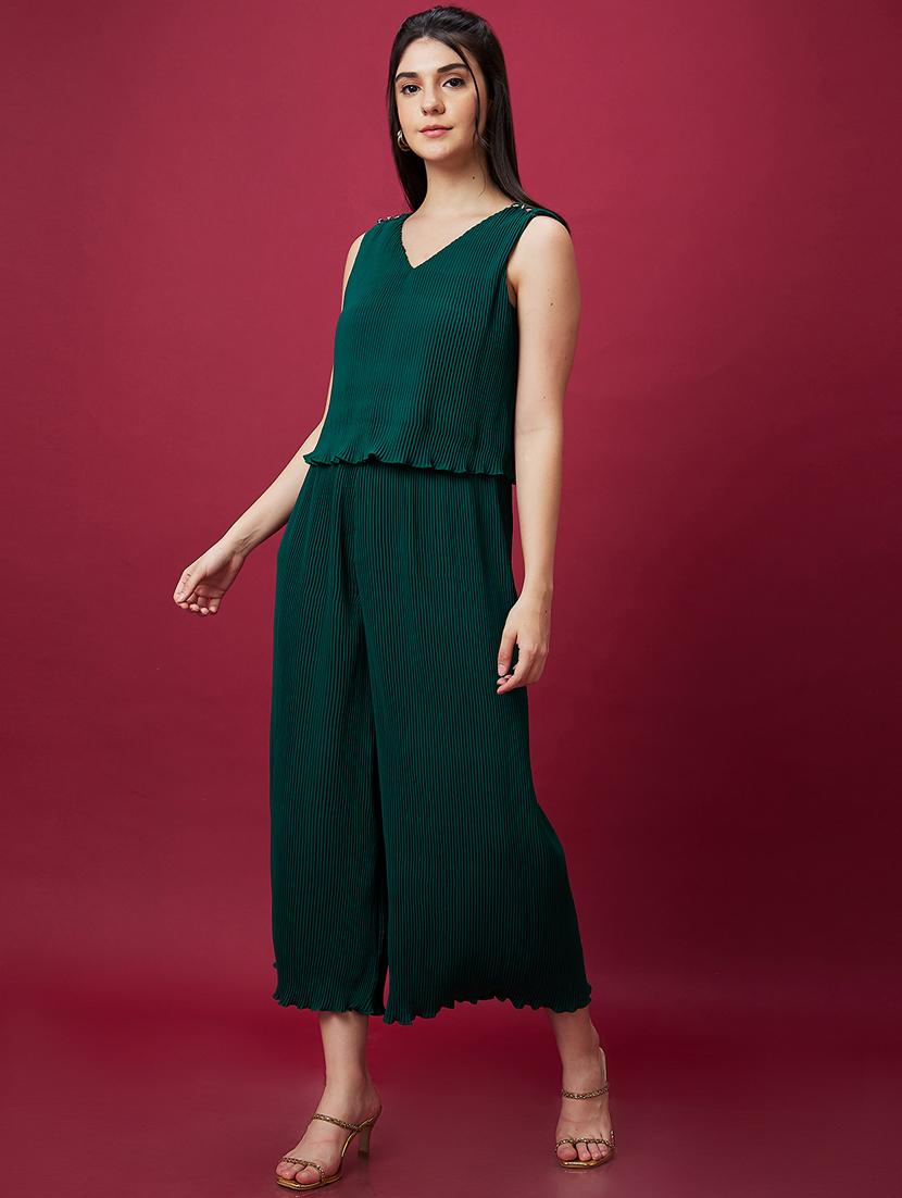 globus women green v-neck accordion pleats party jumpsuit - 21237743 - Standard Image - 2