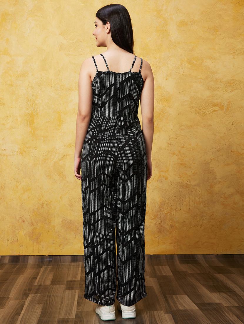 globus women black polka dot printed keyhole neck strappy shoulder waist tie-up jumpsuit - 21237747 - Standard Image - 2