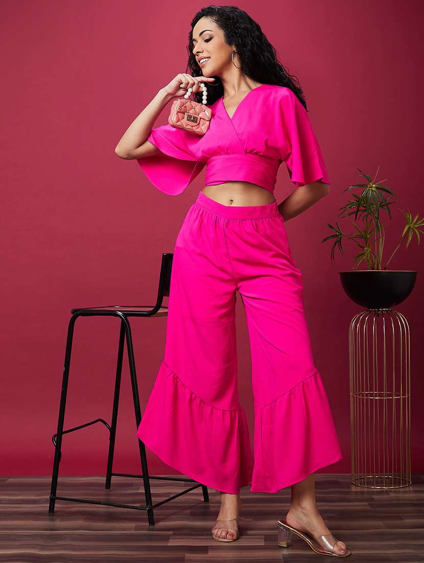 pink solid top and palazzos set co-ord