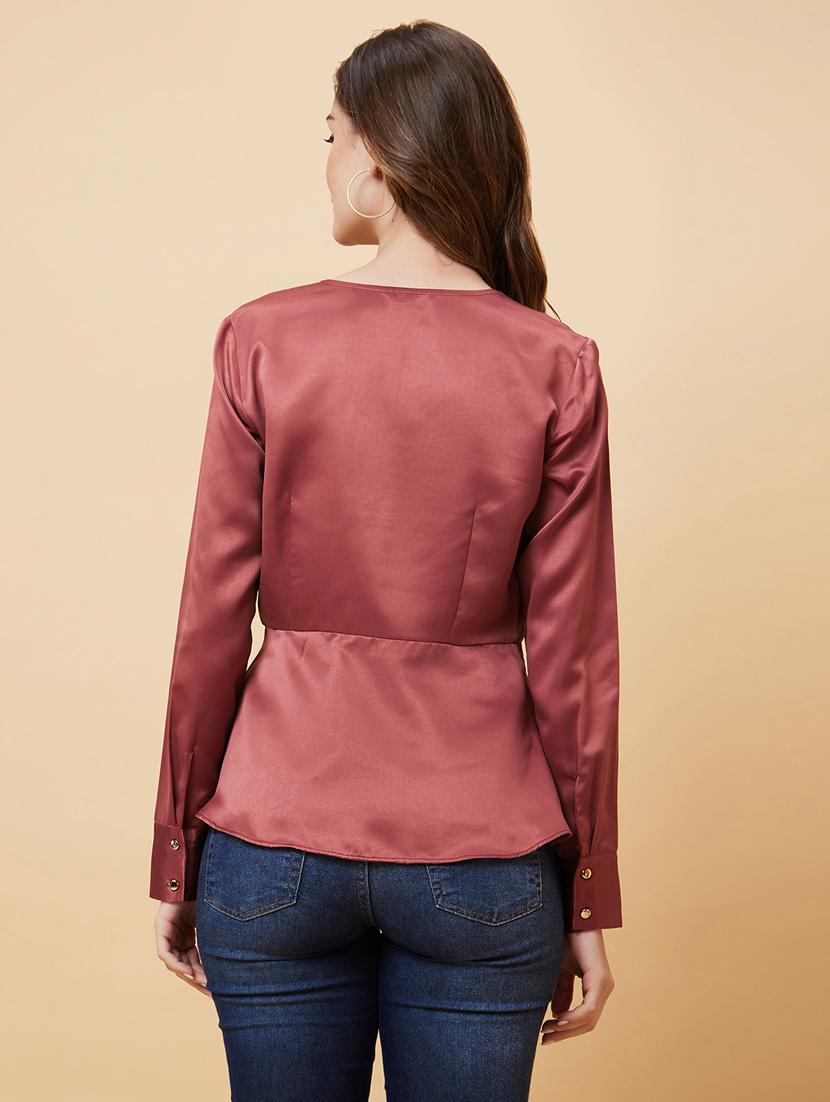 globus women dusty pink long cuffed sleeves v-neck wrap party top - 21237838 - Standard Image - 2