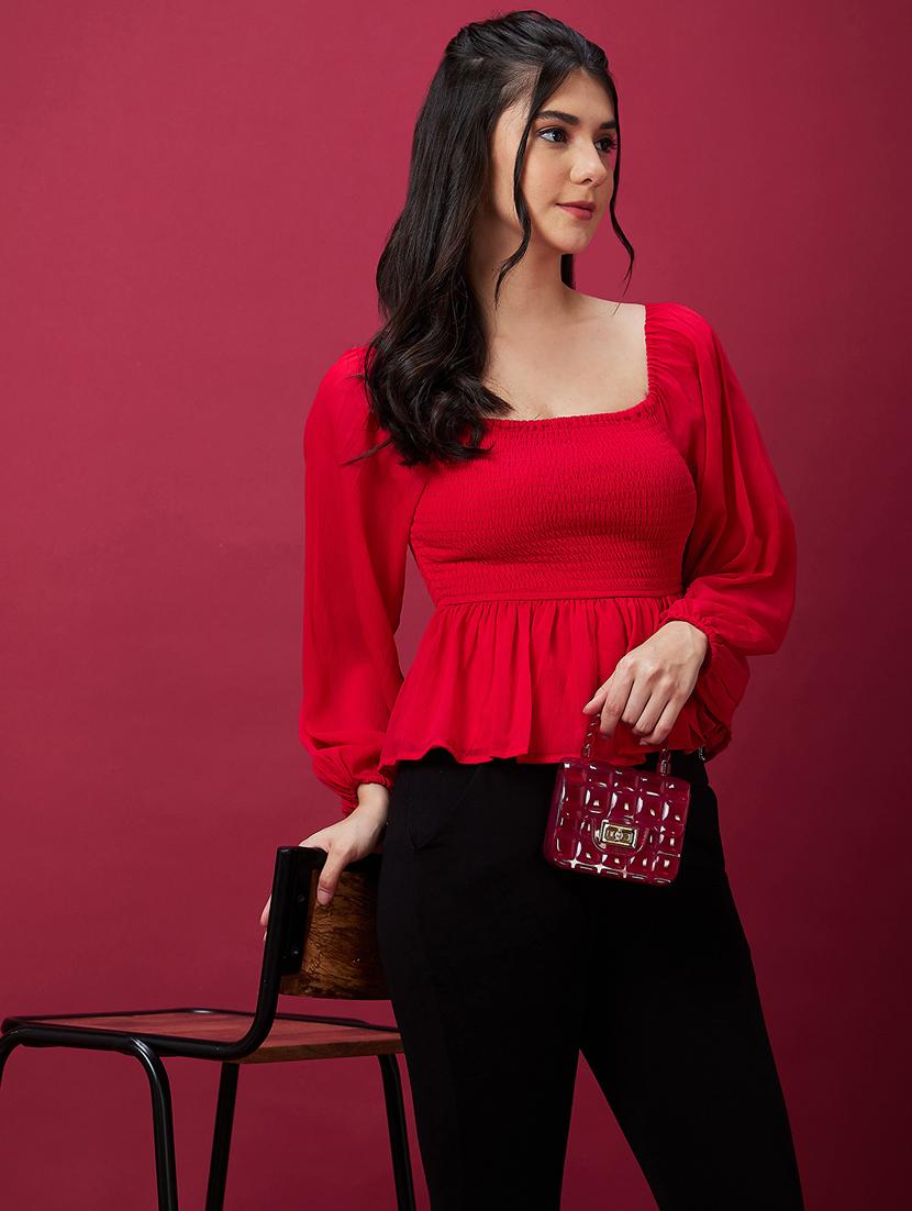 globus women red square neck bishop sleeve smocked peplum party top - 21237873 - Standard Image - 2