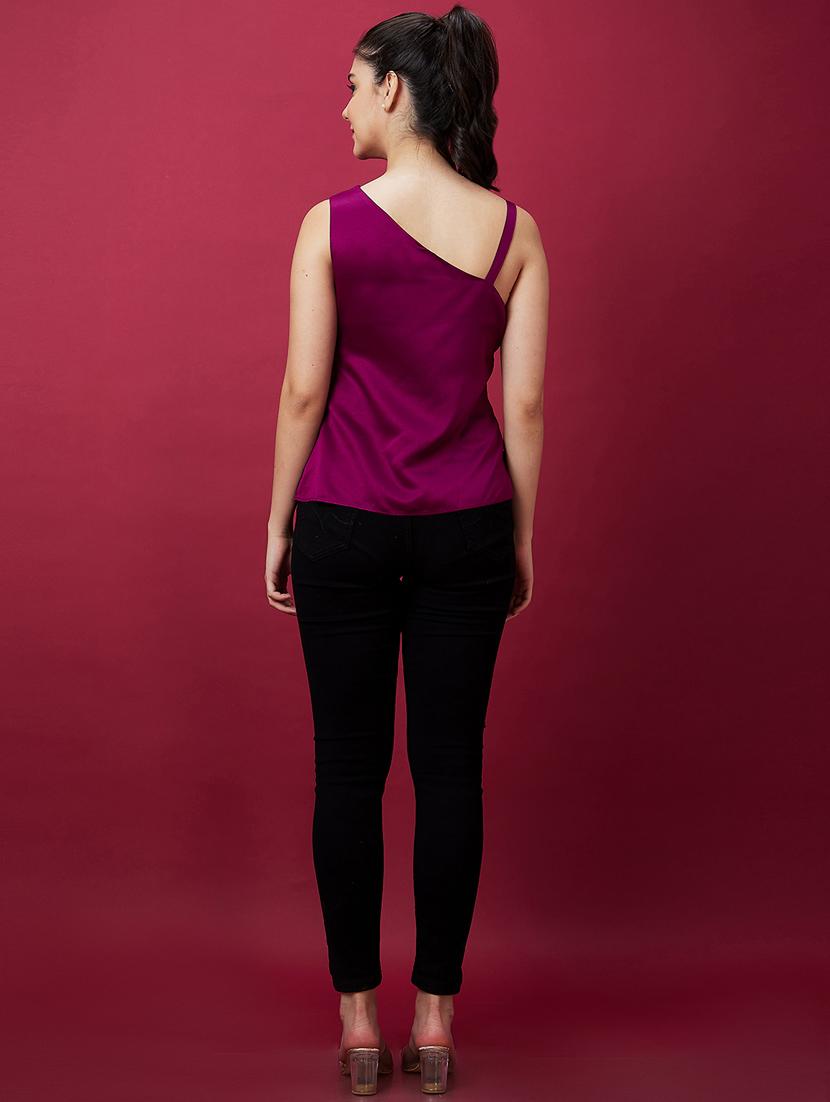 globus women wine strappy one shoulder waist tie-up party top - 21237879 - Standard Image - 2