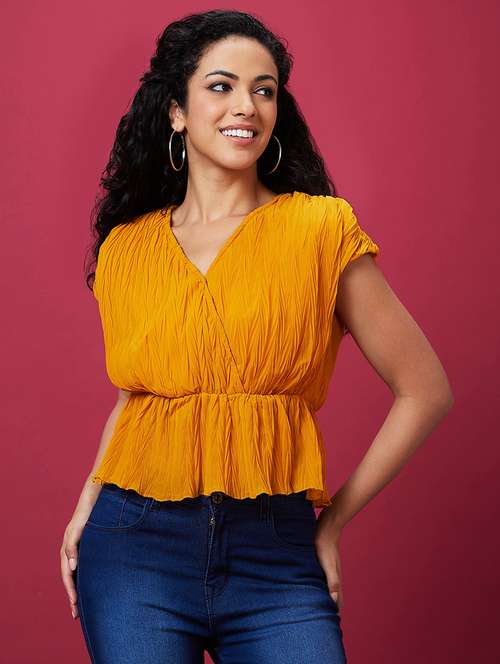 mustard polyester peplum top - 21237888 -  Standard Image - 0